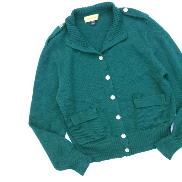 ST. JOHN Green Wool Knit Buttoned Sweater